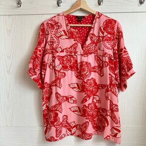 Anthropologie VINEET BAHL Pink Red Floral Embroidered V Neck Puffy Shirt Size M